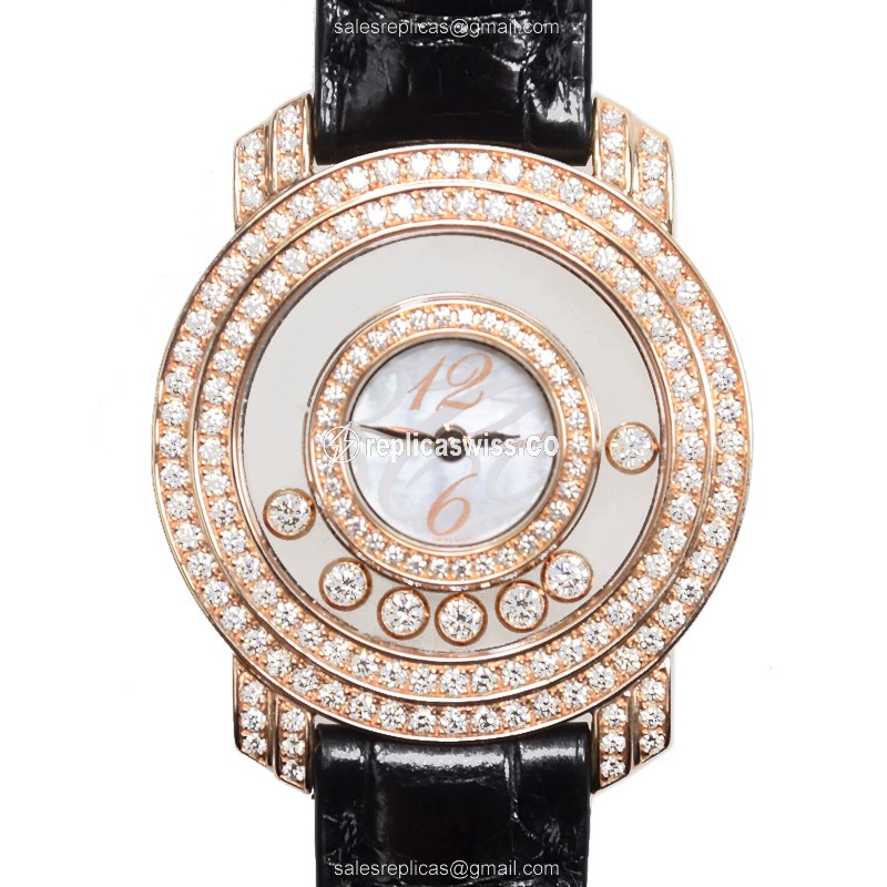 Chopard Happy Diamonds Replica - Quartz - 18kt Rose Gold - White Dial - Brown Alligator Buckle